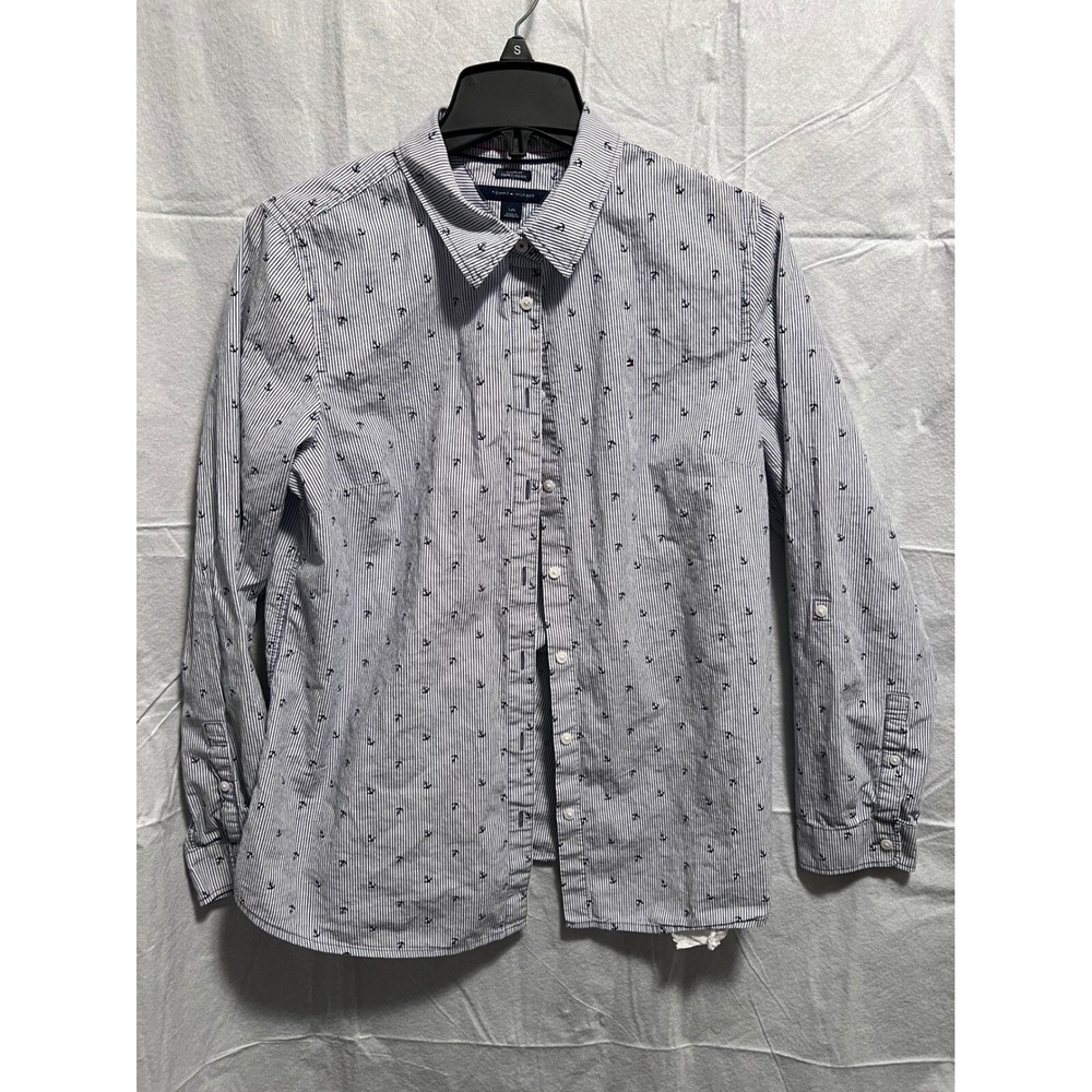 Tommy Hilfiger Anchor Print Button Down Shirt Striped Nautical Top LS Size S